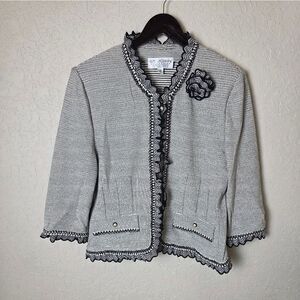 St.John Collection Ruffle Knit  Trim Striped Jacket Cardigan Black White Size 10